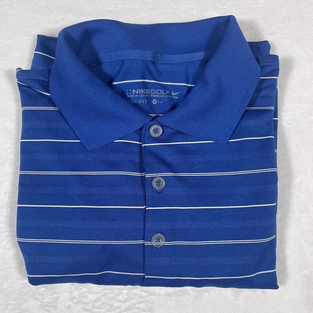 Nike Golf Men's Medium‎ Dri-Fit Tour Performance Blue with White Stripes Polo